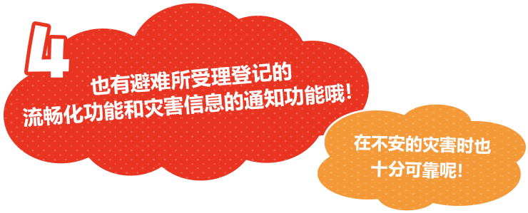 也有避难所受理登记的流畅化功能和灾害信息的通知功能哦！在不安的灾害时也十分可靠呢！