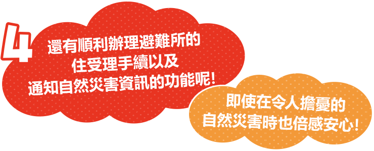 還有順利辦理避難所的入住受理手續以及通知自然災害資訊的功能呢！即使在令人擔憂的自然災害時也倍感安心！